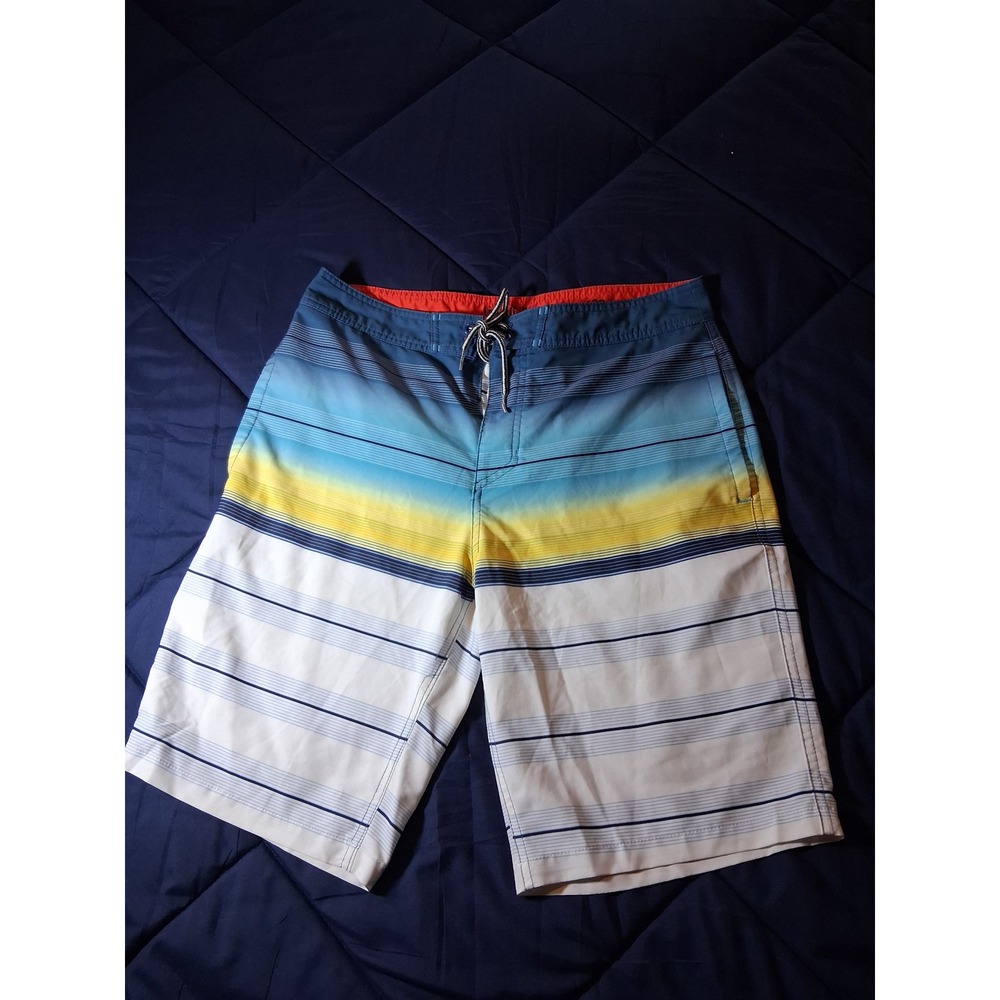 Goodfellow & Co Mens Board Shorts Blue Yellow Ombre Striped Swim‎ Trunks Size 32